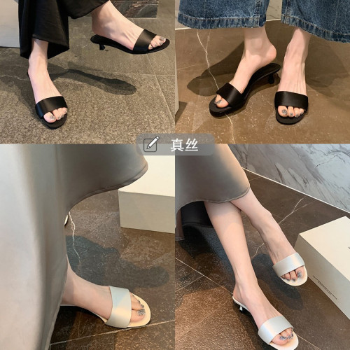 葡萄媽studiolee 極簡風氣質真絲一字帶高跟鞋小貓跟涼拖鞋女夏款
