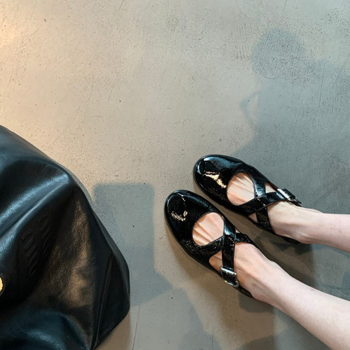 葡萄媽studiolee 交叉帶銀色款圓頭軟真皮瑪麗珍女鞋淺口平底單鞋