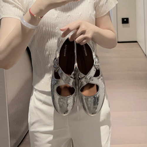 葡萄媽studiolee 交叉帶銀色款圓頭軟真皮瑪麗珍女鞋淺口平底單鞋