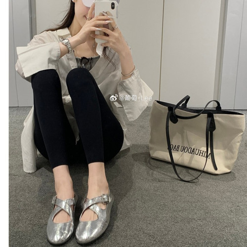 葡萄媽studiolee 交叉帶銀色款圓頭軟真皮瑪麗珍女鞋淺口平底單鞋