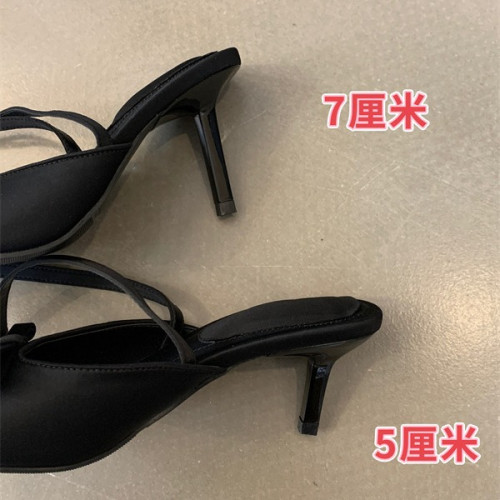 法式淑女細跟一字帶涼拖鞋2025夏季蝴蝶結腳腕釦絆帶露趾高跟鞋