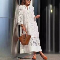 2024新款歐美女爆款蕾絲牛奶絲寬松中長款純色連衣裙