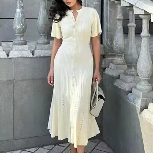 爆款夏季女裝時尚簡約純色紐釦短袖修身針織連衣裙