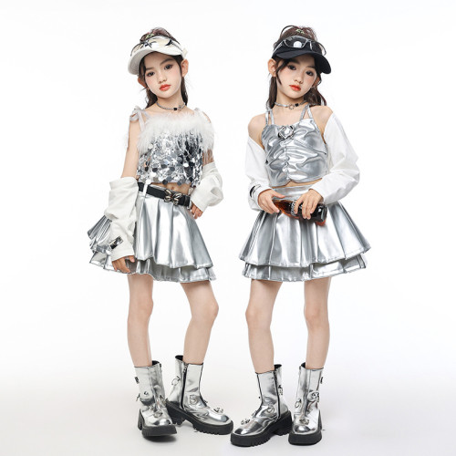 爵士舞演出服裝女童jazz舞蹈走秀亮片套裝少兒hiphop街舞兒童潮服
