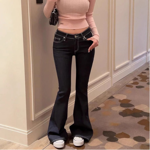 深藍色低腰明線牛仔褲女春秋新款彈力修身顯瘦時尚微喇叭拖地長