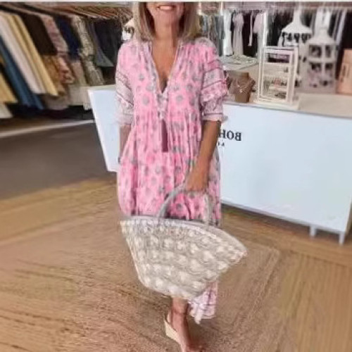 歐美風夏季新款波西米亞V領時尚印花燈籠袖高腰大擺連衣裙女