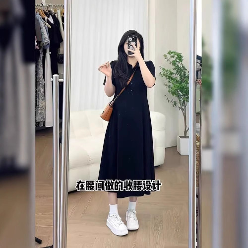 特大碼300斤胖mm夏季新款高級感寬松甜美polo領美式收腰顯瘦長裙