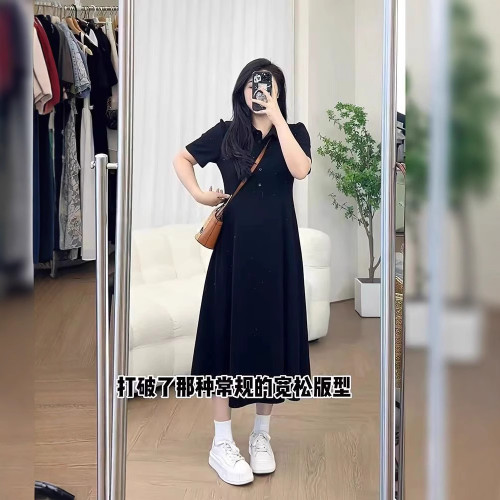 特大碼300斤胖mm夏季新款高級感寬松甜美polo領美式收腰顯瘦長裙