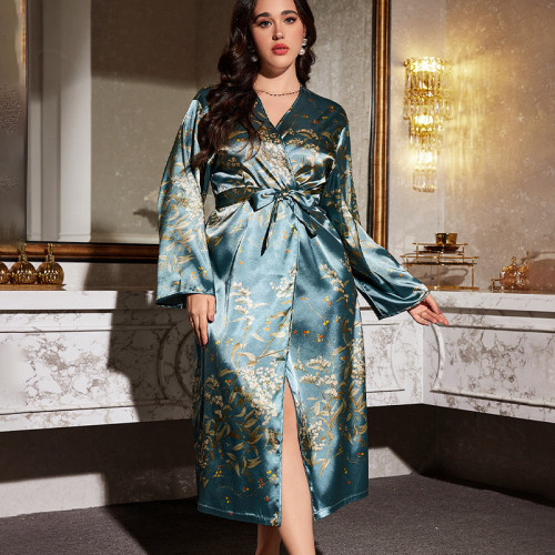 歐美風春夏季印花浴袍女士性感時尚仿真絲睡袍時尚休閒家居服