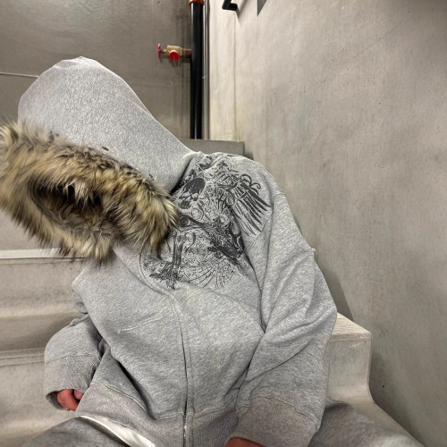 歐美絨毛帽子衛衣印花圖案長袖套頭連帽衫復古外套街頭潮流y2k