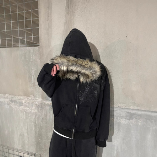 歐美絨毛帽子衛衣印花圖案長袖套頭連帽衫復古外套街頭潮流y2k