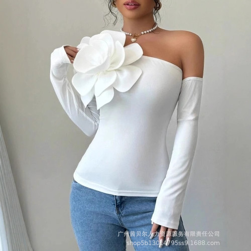 歐美女裝新款誇張立體花朵裝飾長袖露肩緊身上衣LZR19069優雅