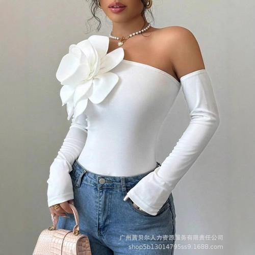 歐美女裝新款誇張立體花朵裝飾長袖露肩緊身上衣LZR19069優雅