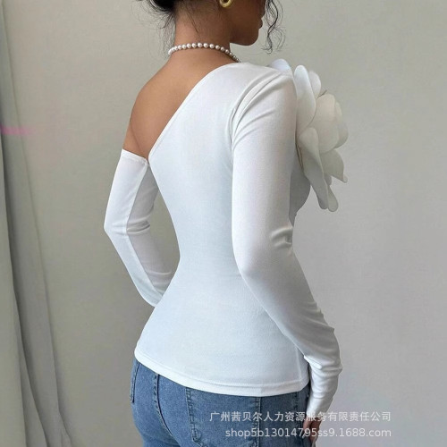 歐美女裝新款誇張立體花朵裝飾長袖露肩緊身上衣LZR19069優雅