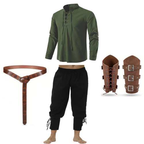 套裝萬聖節男士文藝復興時期服裝套裝中世紀海盜襯衫腳踝帶狀褲