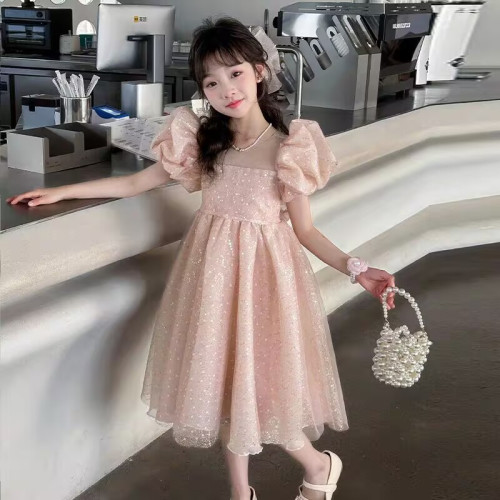 女童夏季連衣裙2025新款洋氣兒童亮片公主紗裙女孩生日泡泡袖裙子