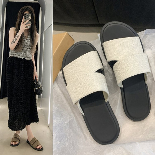 春夏平底休閒百搭一字涼拖女鞋拖鞋室外麻布軟底輕便套腳網紅潮流