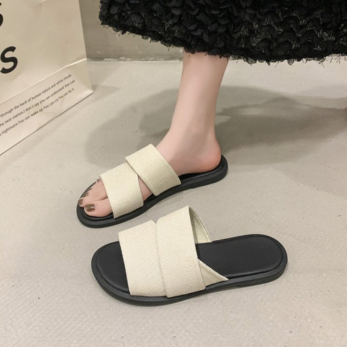 春夏平底休閒百搭一字涼拖女鞋拖鞋室外麻布軟底輕便套腳網紅潮流