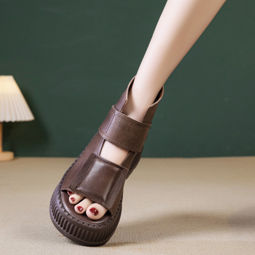 真皮羅馬涼鞋女外穿2025春夏新款小個子增高魚嘴女鞋女士厚底涼鞋
