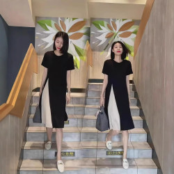  2510夏季新款拼接撞色百搭中長款過膝顯瘦百褶T恤裙連衣裙女