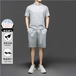 3391畱意2025夏季新款休閒男式套裝拉鍊短袖T恤短褲套裝城市戶外