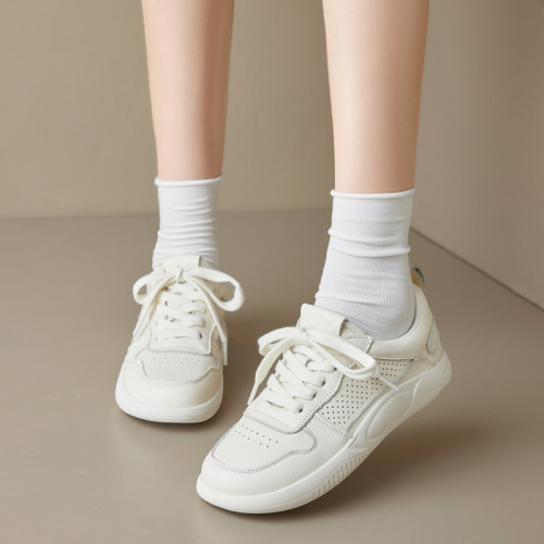 真皮網面小白鞋女2025年新款春夏季厚底板鞋透氣運動百搭爆款軟底