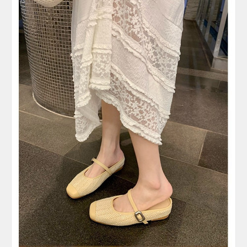 葡萄媽同款秒髮~增高5cm~度假風草編方頭涼拖懶人半拖女夏季