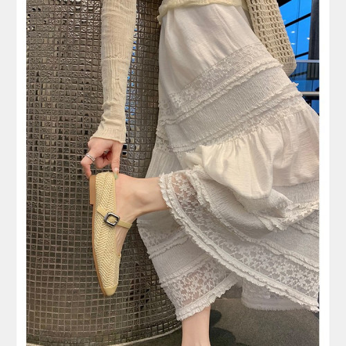 葡萄媽同款秒髮~增高5cm~度假風草編方頭涼拖懶人半拖女夏季