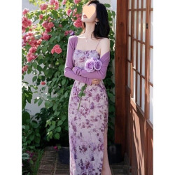 法式漂亮獨特小香風高級感紫色碎花吊帶連衣裙兩件套裝女2025夏季