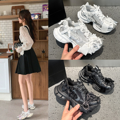 巴黎蕾絲蝴蝶結半拖老爹鞋女2025新款百搭做舊厚底增高休閒運動鞋