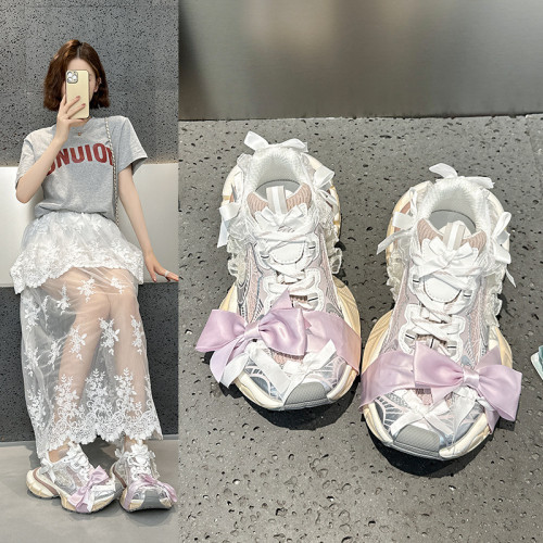 巴黎蕾絲蝴蝶結半拖老爹鞋女2025新款百搭做舊厚底增高休閒運動鞋