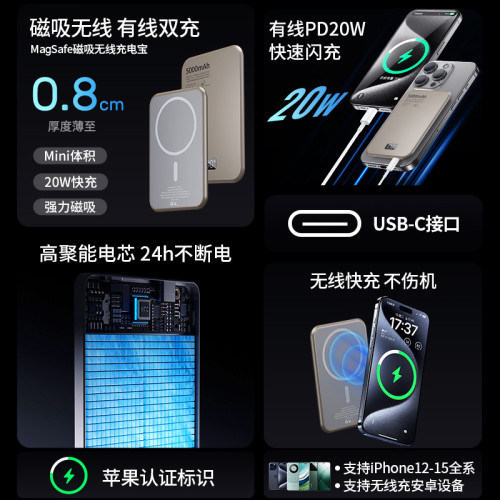 magsafe磁吸充電寶無線快充超薄金屬外接電源適用於蘋果安卓手機