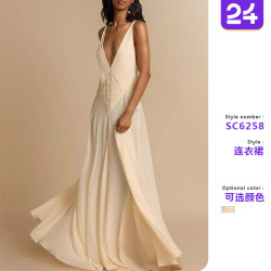 2025夏歐美女裝氣質時尚簡約鏤空拼接蕾絲吊帶色連衣裙