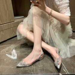 森女水鑽包頭平底涼鞋後空粗跟涼鞋尖頭水晶花包頭涼鞋女
