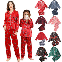 歐美新年親子睡衣套裝仿真絲春秋全家裝聖誕節新款家居服兩件套冬