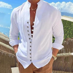 2023  亞馬孫Wish ebay 新款男士棉麻休閒寬松長袖襯衫