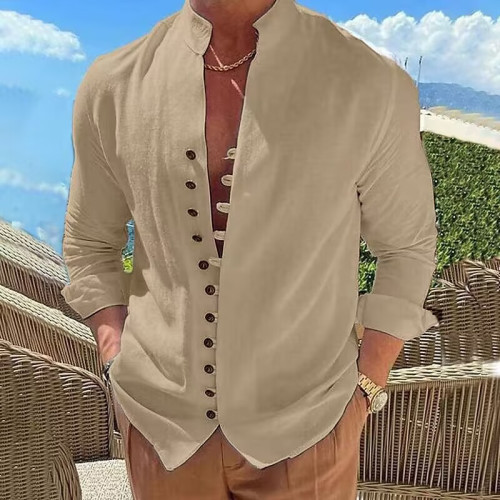 2023  亞馬孫Wish ebay 新款男士棉麻休閒寬松長袖襯衫