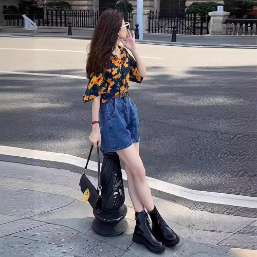 港風復古短袖襯衫親子裝夏季花朵印花寬松設計感小衆中大童裝上衣