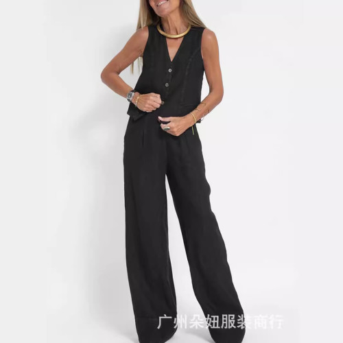 2023歐美新款時尚馬甲長褲拼貼拼接棉麻休閒套裝