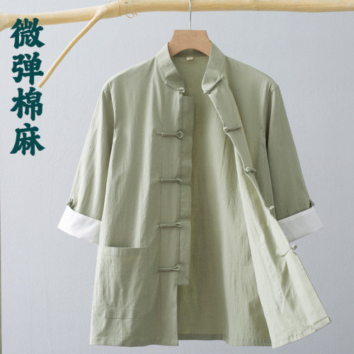 唐裝男青年夏季薄款短袖中袖風男裝中式復古盤釦棉麻襯衫襯衣