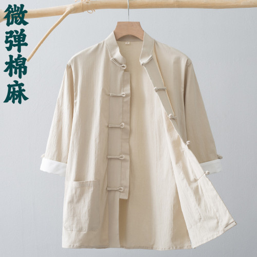 唐裝男青年夏季薄款短袖中袖風男裝中式復古盤釦棉麻襯衫襯衣