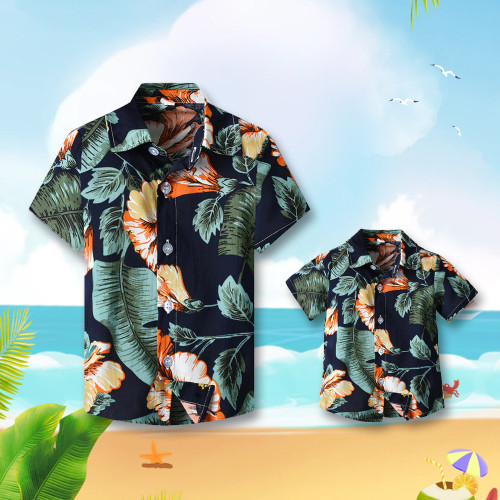 夏季親子裝度假風翻領短袖印花休閒薄款襯衫夏威夷家庭裝