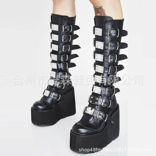 Demonia 釦帶厚底靴2023新款哥特式坡跟高筒靴女龐克風辣妹騎士靴