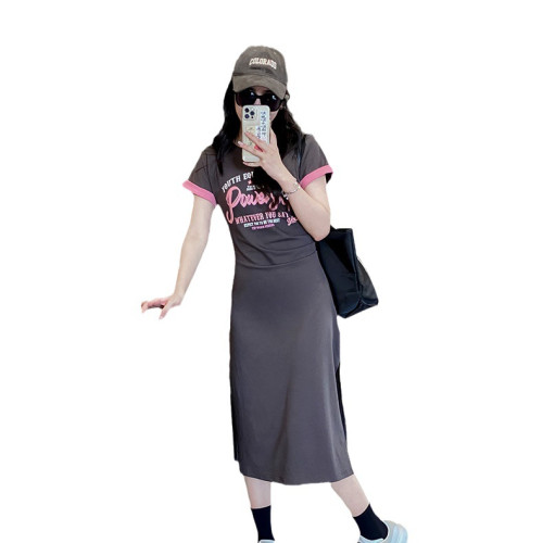 韓版親子裝夏季新款家庭裝字母直筒撞色母女連衣裙嬰兒寶寶連體衣