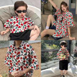 玫瑰花港風復古親子裝海邊度假風夏裝襯衫一家三口母子母女全家裝
