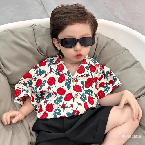 玫瑰花港風復古親子裝海邊度假風夏裝襯衫一家三口母子母女全家裝