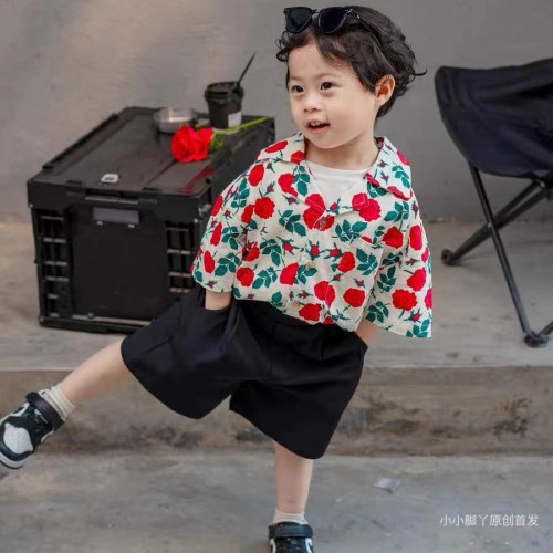 玫瑰花港風復古親子裝海邊度假風夏裝襯衫一家三口母子母女全家裝