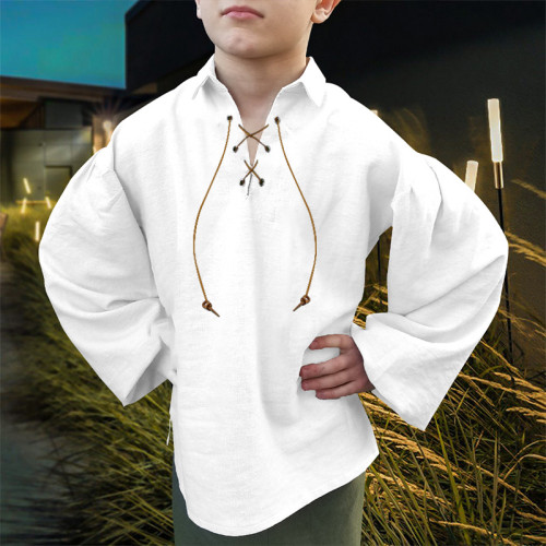2025中世紀童裝夏季襯衫男童維京文藝復興系帶海盜服裝海盜風