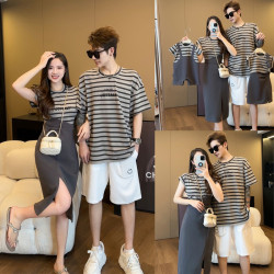 高級親子裝夏款一家四口條紋短袖新款洋氣假兩件母女背帶裙度假服