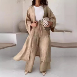 2023年歐美獨立站秋季新款女褶皺紋理上衣+直筒休閒褲兩件套